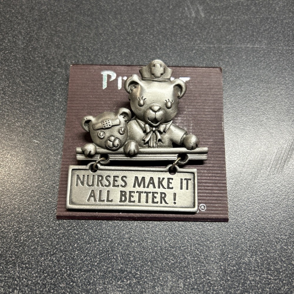 New Signed JJ nurses make it All better teddy bear pewter On Card (6785)